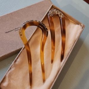 Vintage Lucite Amber Tortoise & rhinestones hair combs/ornaments. Pair of 2, box
